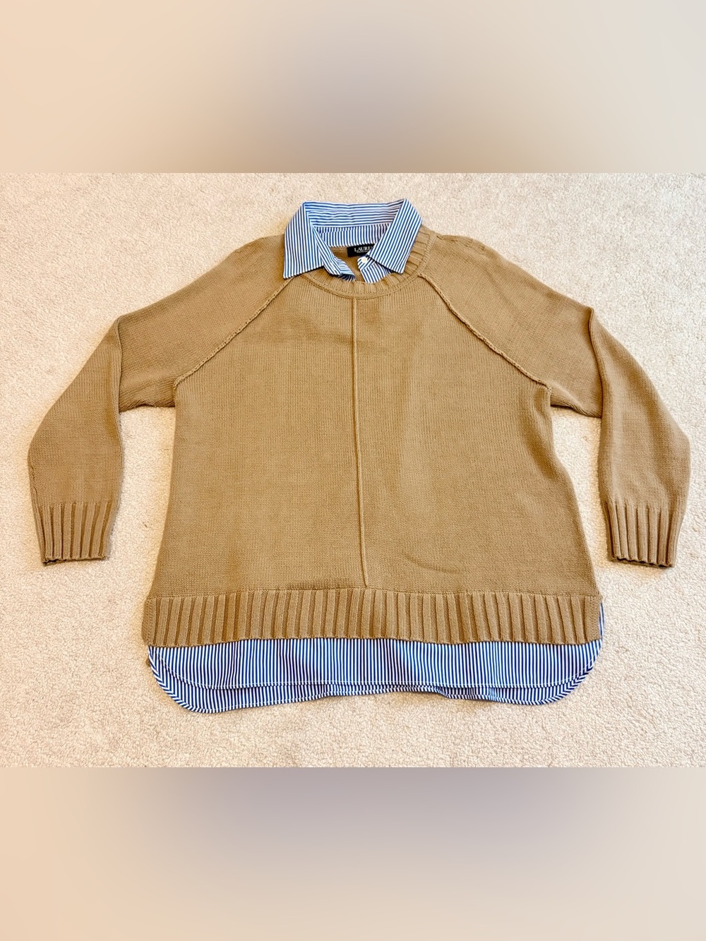 Lauren Ralph Lauren Plus Size 1X Layered Cotton Twofer Sweater in Camel